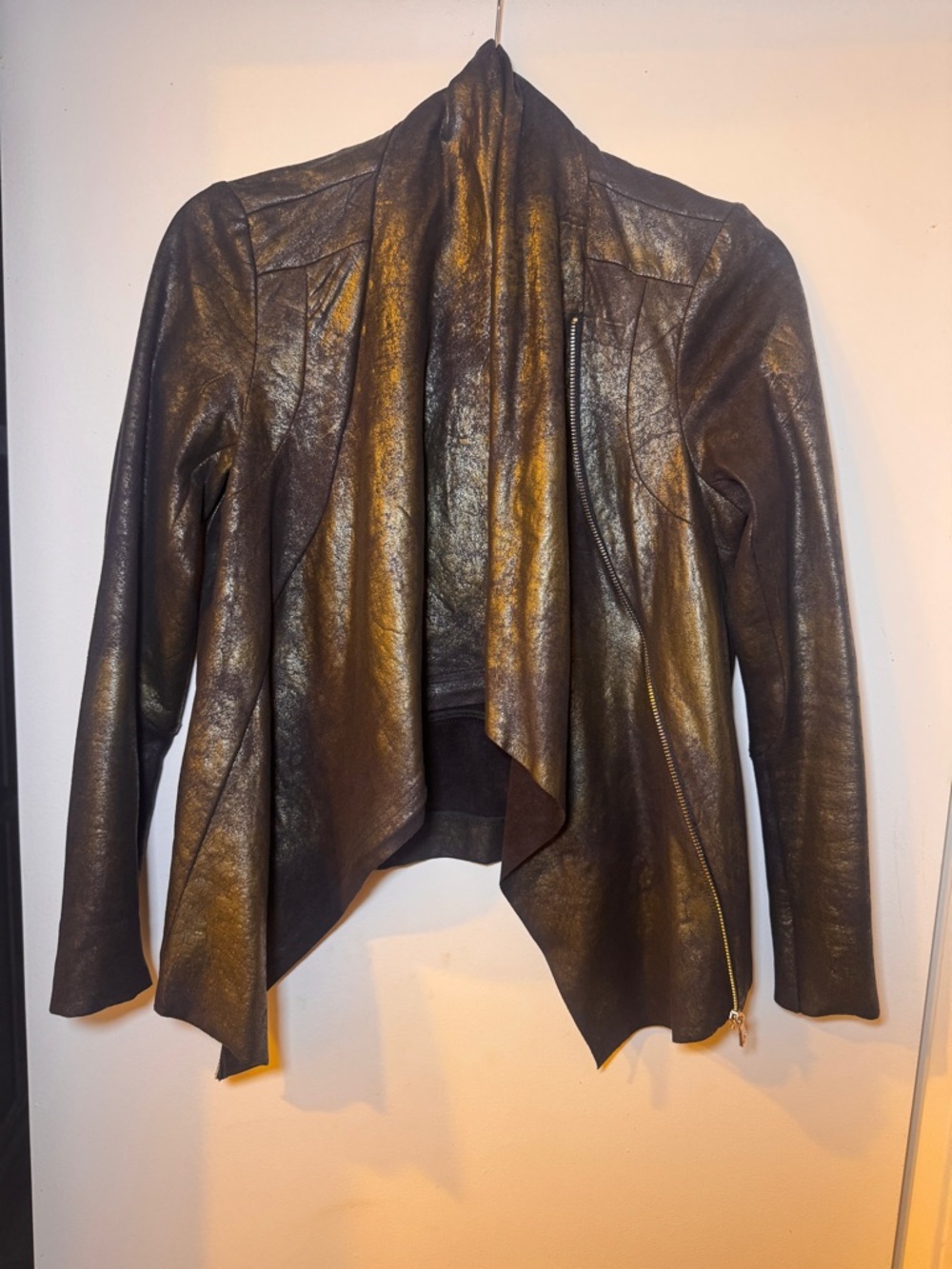 Zara Metallic Brown Draped Faux Leather Jacket
